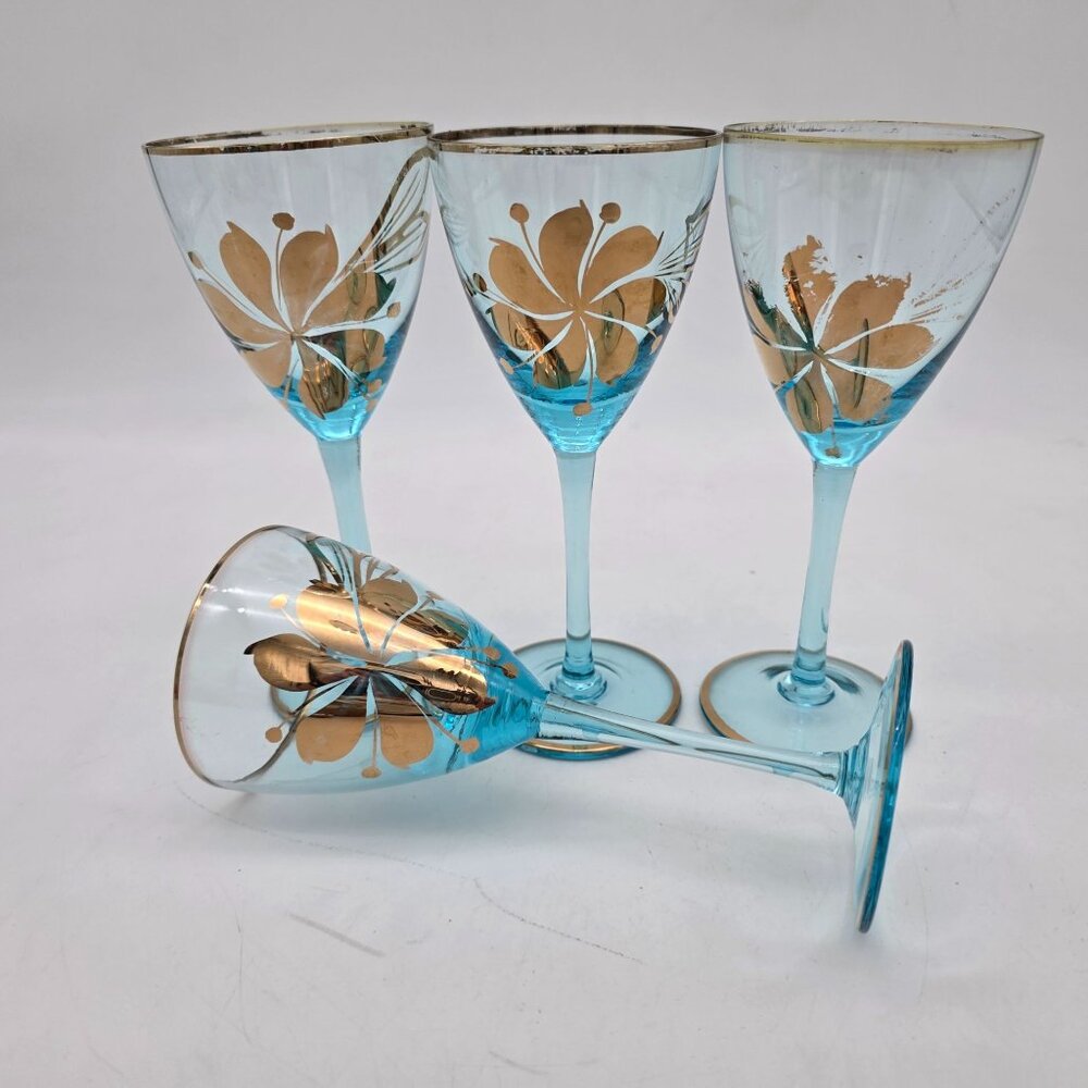 Vintage Romanian Blue Stemmed Wine Glasses With Gold Floral Design Set Of 4 - Picture 6 of 7